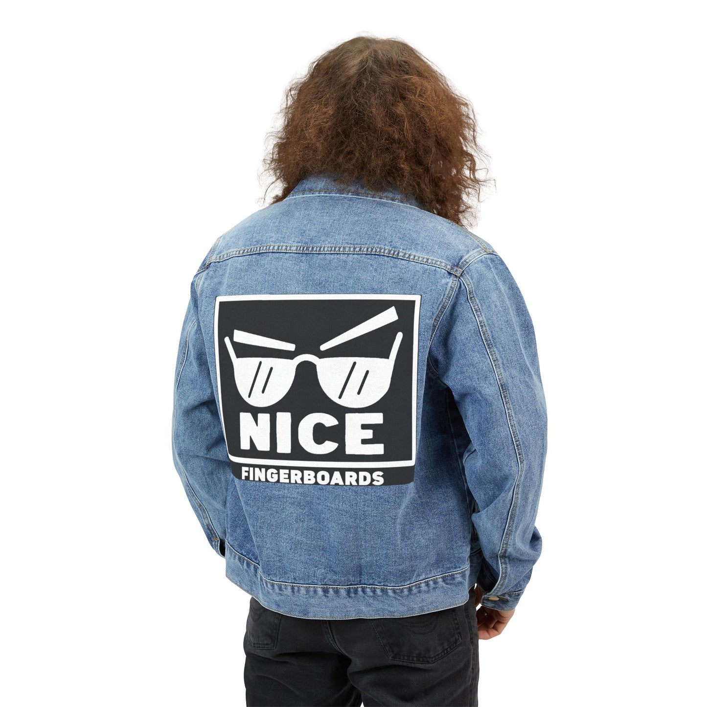Denim Jacket — 'NICE Fingerboards' Graphic Back Patch, Retro Skate Style