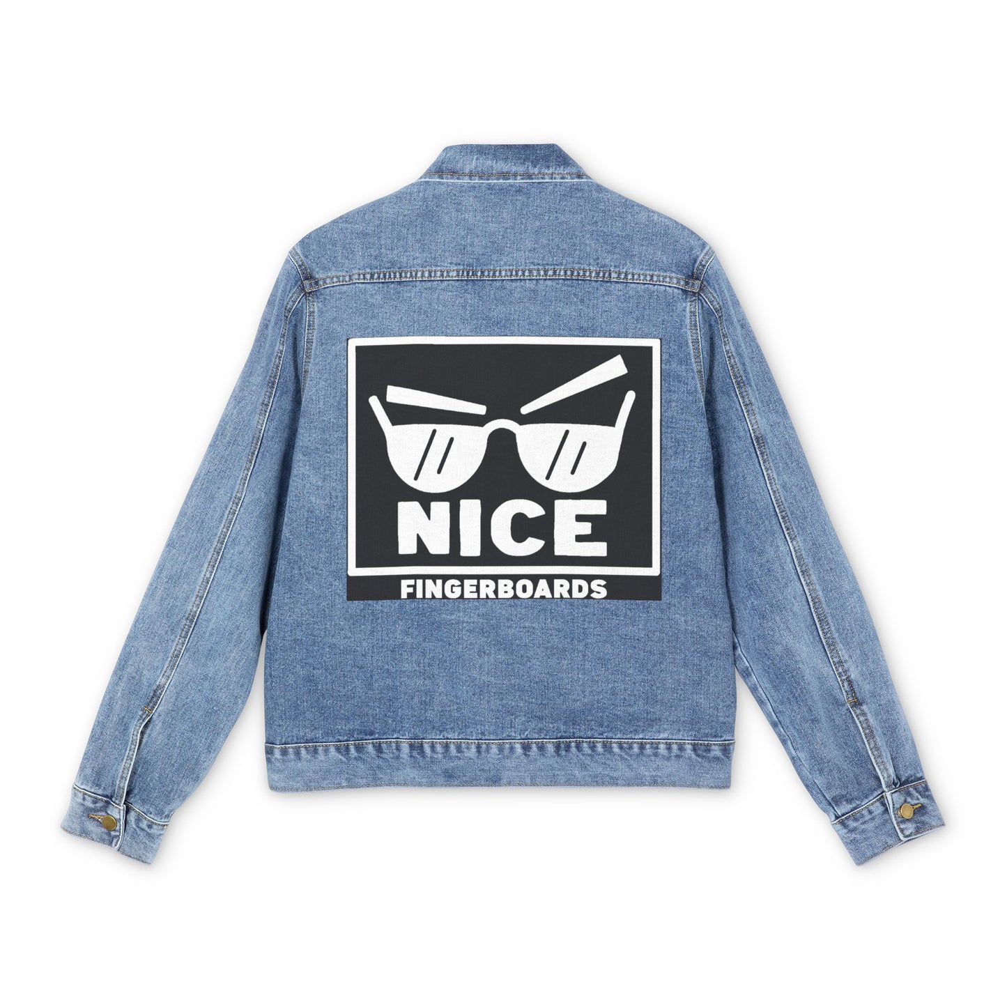 Denim Jacket — 'NICE Fingerboards' Graphic Back Patch, Retro Skate Style